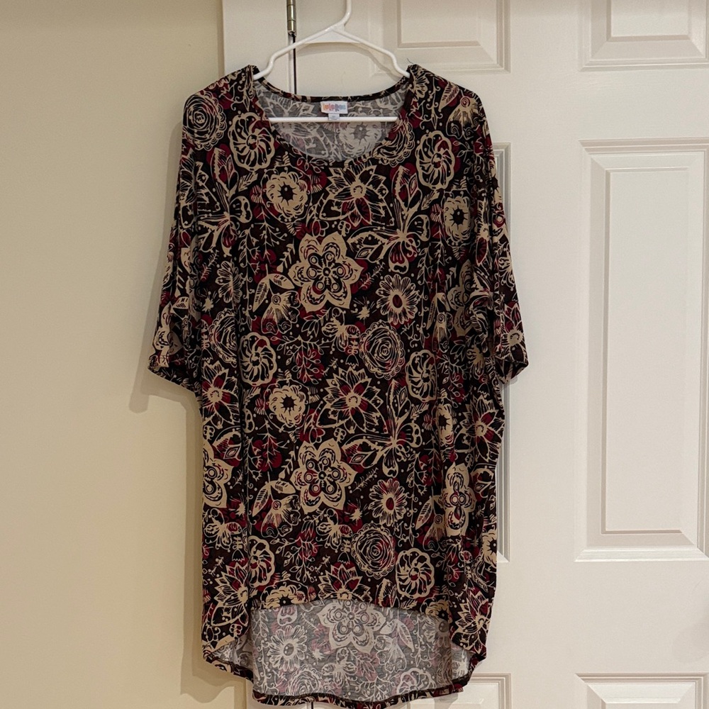 LuLaRoe Irma Brown and Red Floral Blouse